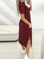 Women'S Letter Print Casual Solid Color Round Neck Short Sleeve Side Slit Dress - Burgundy