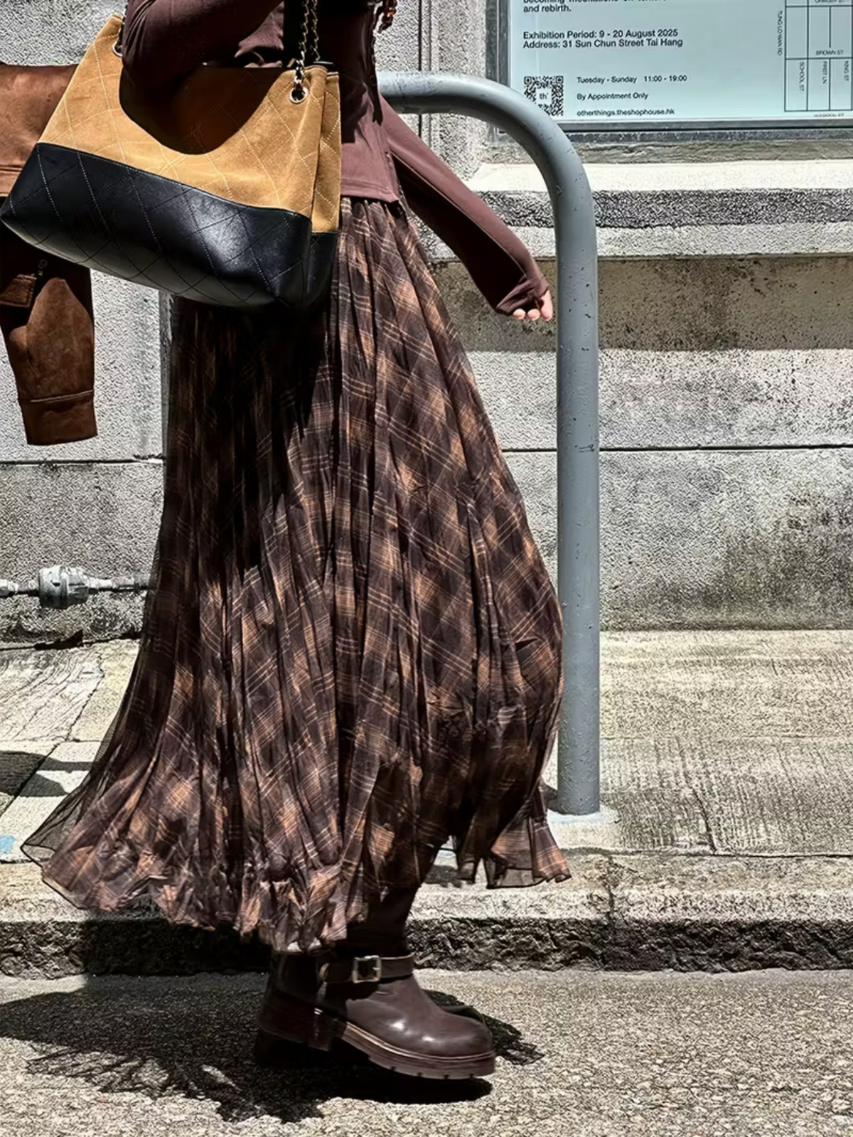 Vacation Style Coffee Brown Plaid Chiffon Pleated Half Skirt Spring Autumn High Waist Mid-Length A-Line Skirt Casual Commute Drapey Flared Skirt - Brown