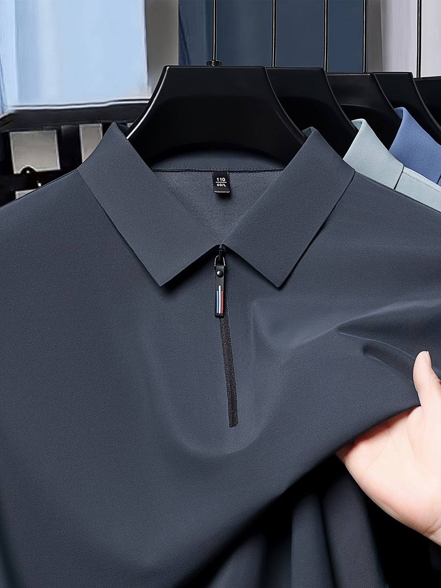 Men's Summer Short-Sleeve Half-Zip Lapel Polo Shirt - Solid Color T-Shirt Suitable for Casual & -Casual Wear, Breathable Half-Zip Collar, Short Sleeve Lapel Collar, Hand Washable Solid Color Polo Tee for Office or Everyday Outfits - Dark Gray