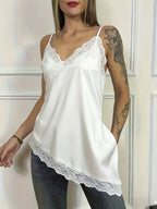 Women'S Satin Asymmetrical Cami Top, Adjustable Straps. Lace Detail on Hem, Underbust, And Neckline, Side Slit, V-Neck Design - White