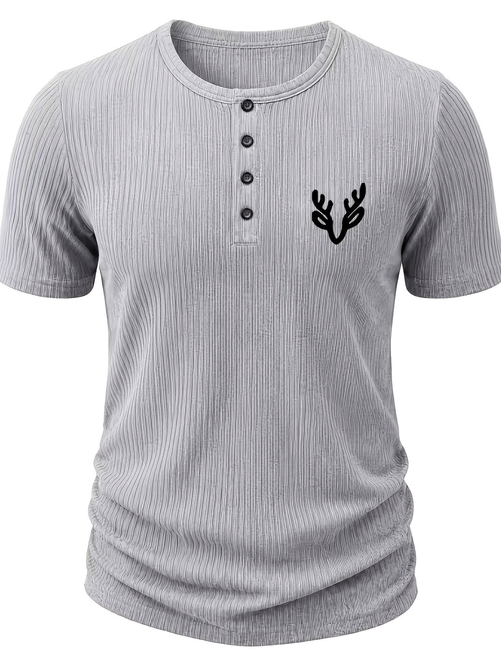 Men'S Ribbed Texture Henley Short Sleeve, All-Over Print Summer Slim Fit Casual T-Shirt - Gray 7