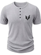 Men'S Ribbed Texture Henley Short Sleeve, All-Over Print Summer Slim Fit Casual T-Shirt - Gray 7