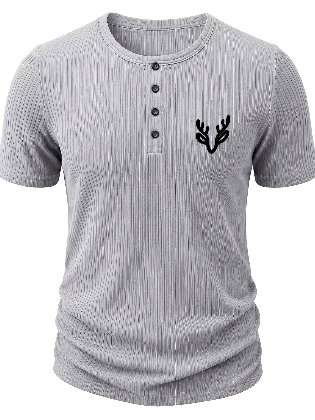 Men'S Ribbed Texture Henley Short Sleeve, All-Over Print Summer Slim Fit Casual T-Shirt - Gray 7