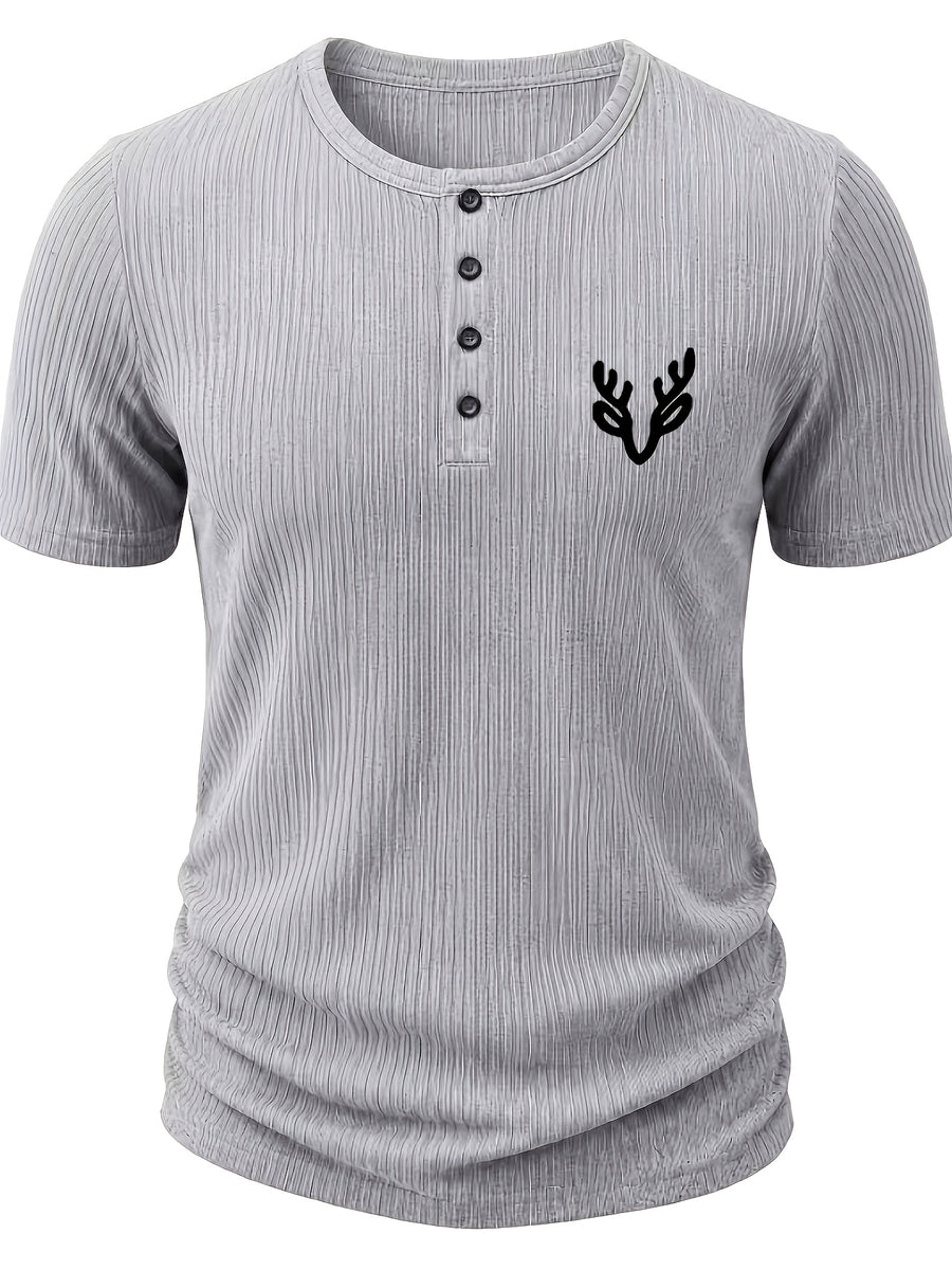 Men'S Ribbed Texture Henley Short Sleeve, All-Over Print Summer Slim Fit Casual T-Shirt - Gray 7