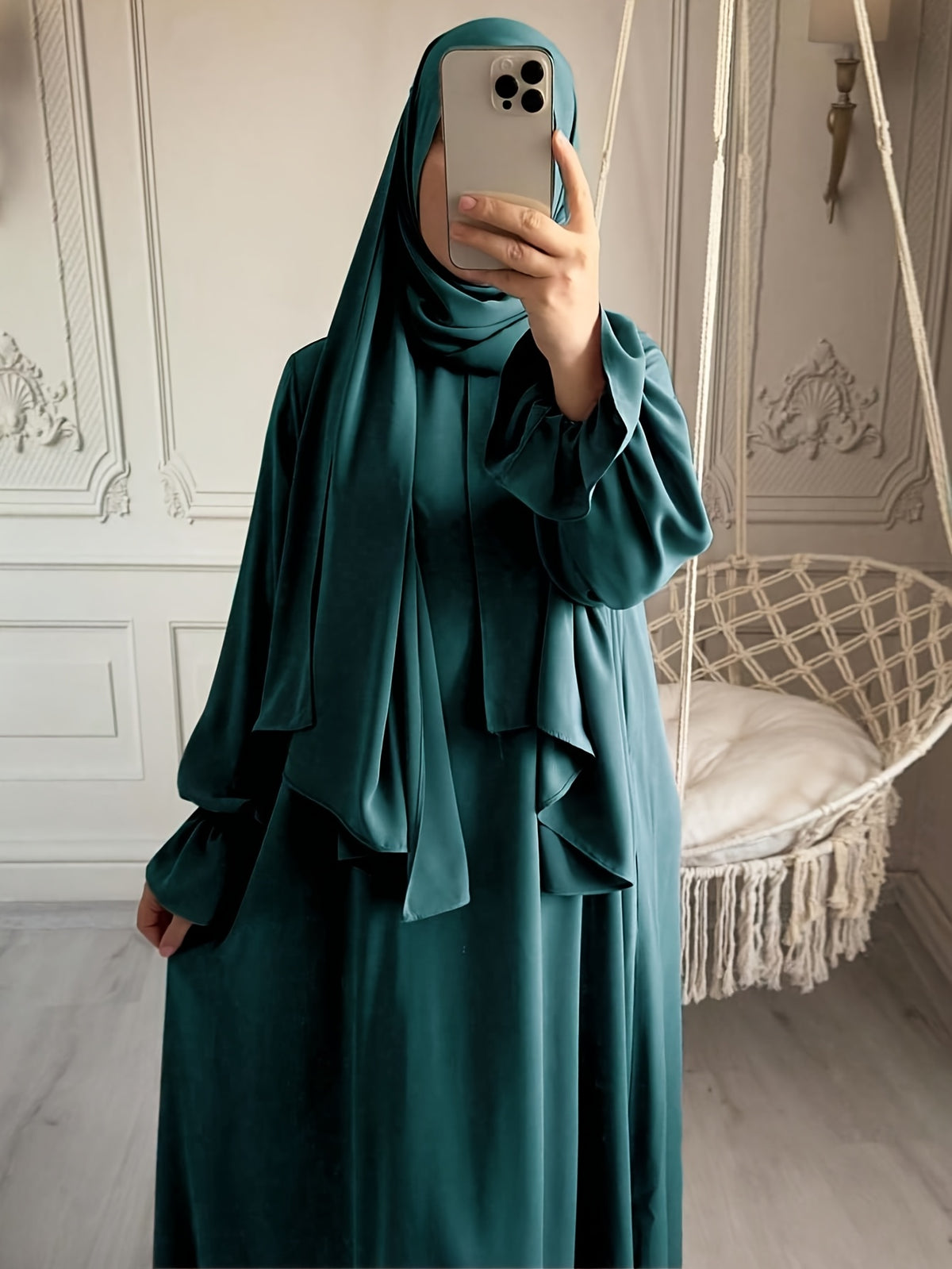 1pc Fashionable, Elegant And Casual One-Piece Solid-Colored Bellows Sleeve Suitable for Daily Wear. Loose And Comfortable Women'S Abaya Robe - Dark Green