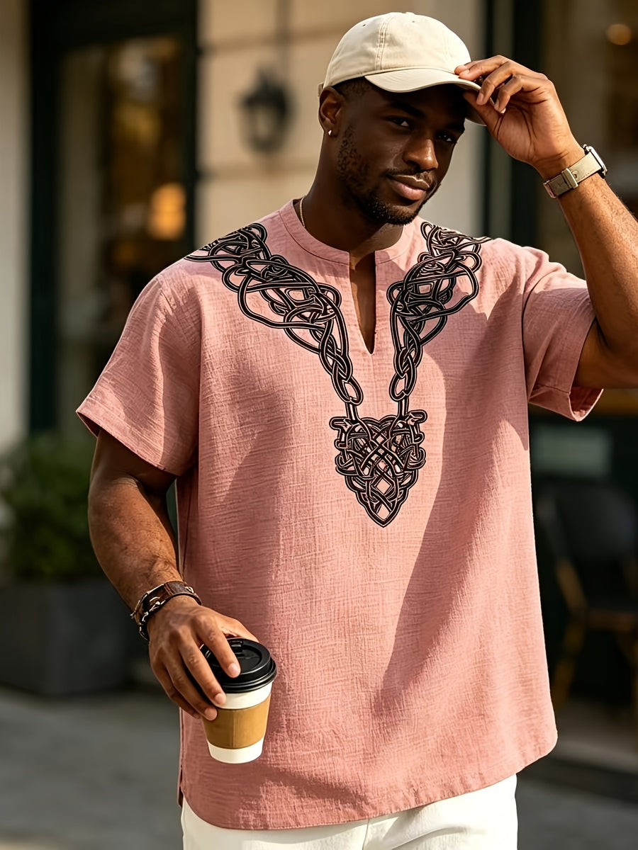 2026 New American Summer Men'S Lightweight Bamboo Rayon Rayon Braid Loose Rune Print V-Neck Casual Short Sleeve - Pink Color