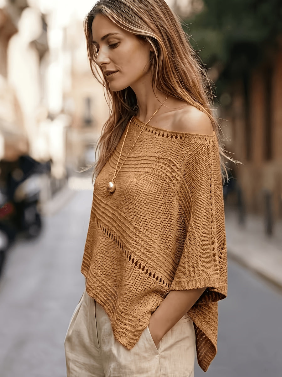 Women'S Hollow-Out Poncho Top, Boat Neck Irregular Hem Summer Beach Cover-Up, Seaside Bohemian Vacation Style Casual Top, Lightweight Breathable Loose Sweater, Mesh Detail Striped Design, Relaxed Layering Style, Suitable for Holiday, Daily Wear - Rust