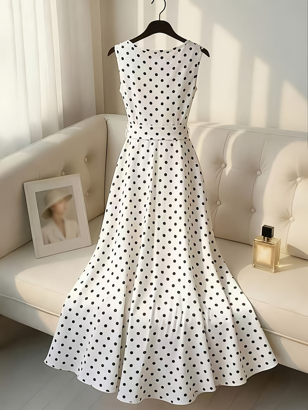 French Retro Polka Dot Print Sleeveless Tie-Neck Long Dress for Women, Summer New Gentle Style Waist-Cinching Dress for Beach Vacation And Dates - White
