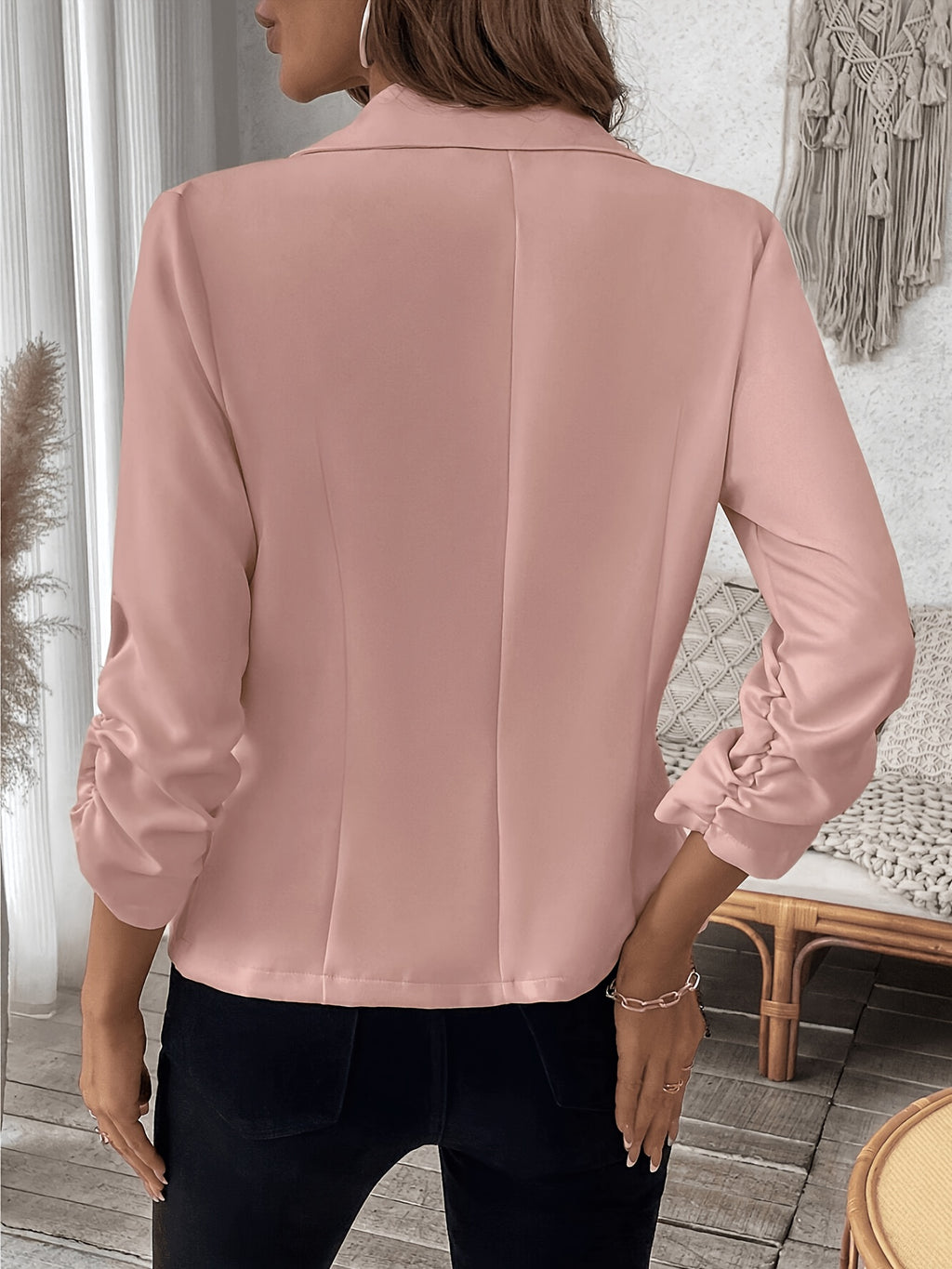 New Women's Solid Color Lapel Front Button Long Sleeve Casual Blazer 597# - Pink Color
