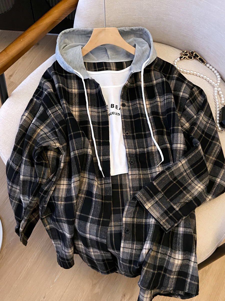 Plus Size, Spring Women's New Arrival Clothing, Autumn Women's Fashion Casual Wear, Plaid Hooded Long-Sleeve Shirt, Plus Size Women's Shirt, Oversized Top, Autumn Hooded Cardigan, Fashion Plaid Shirt, Korean Style Women's Clothing, Women's Winter - Black
