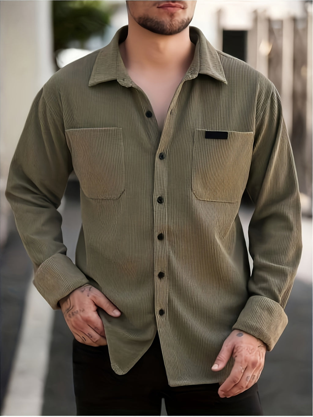 Spring And Autumn Men'S Corduroy Shirt (Jacket) Long Sleeve Lapel Double Pocket Regular Casual Retro Cool Top (Multi-Color) - Olive