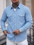Men's Fashion Denim Shirt Light Wash Long Sleeve Denim Shirt, Comfort Breathable Lapel Collar Shirt with Double Chest Pockets Casual Daily Wear - Light Blue