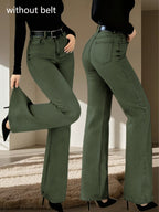 Army Green High-Waist Straight-Leg Jeans for Women, and Figure-Flattering Stretch Straight-Leg Pants for Spring, Summer, and Fall Commuting Wear - Olive Green
