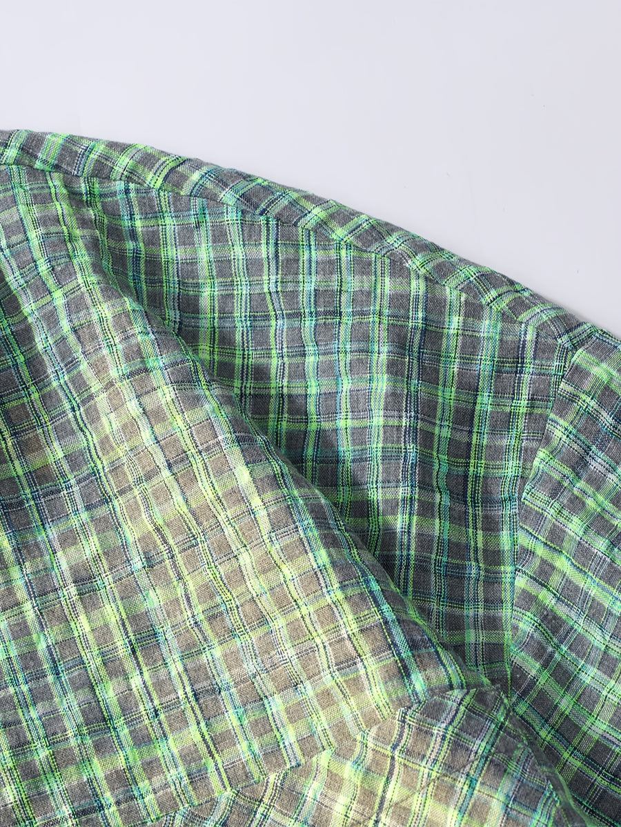 Men's Casual Short-Sleeve Shirt, Bubble Plaid Texture, Loose Fit, Summer Limited Edition! Macaron Plaid Bubble Gauze Shirt, Unisex Loose Short-Sleeve Casual Top, Wrinkle-Resistant and Breathable Loose Fit Casual Wear, Men's Colorful Plaid Shirt - Color-woven check gray-green