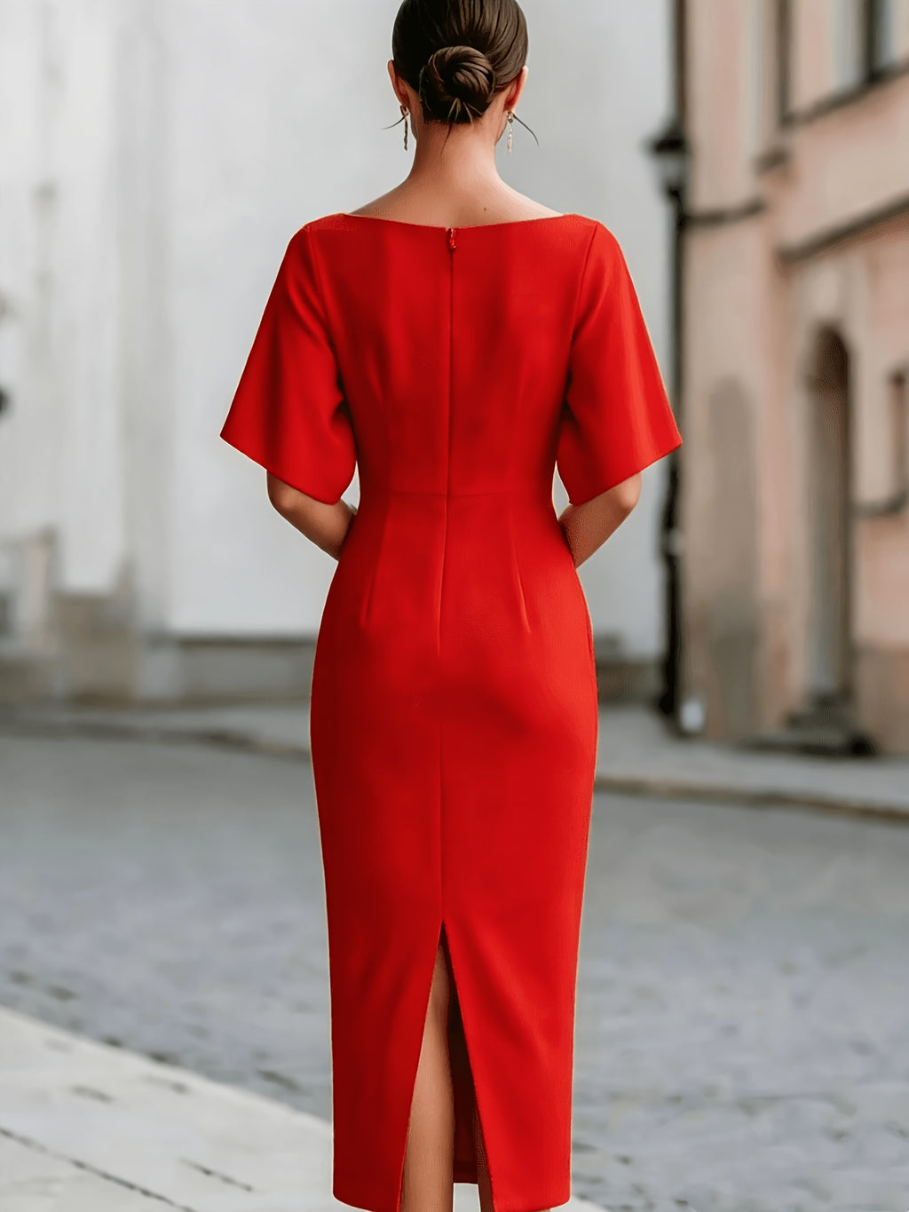 ST26037 Elegant Temperament Waist Mid-Length Dress for Women - Red