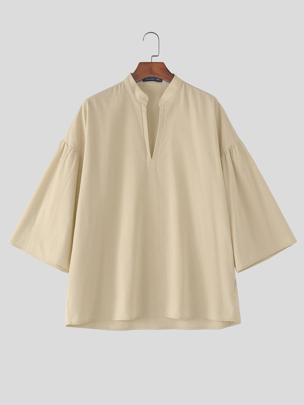 Men Casual Tops Solid 3/4 Sleeve Stand Collar V Neck Solid Loose Fit Outdoor Street Casual Shirt - Khaki