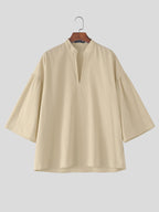 Men Casual Tops Solid 3/4 Sleeve Stand Collar V Neck Solid Loose Fit Outdoor Street Casual Shirt - Khaki