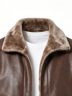 DIFFELEMENT 1pc Men'S Fleece-Lined Thickened Jacket Warm Windproof Cold-Resistant PU Scratch-Resistant Wrinkle-Resistant Plush Lining Ribbed Cuffs Stand-Up Collar Zippered Cardigan Regular Retro Biker Style Men'S Outerwear Autumn Winter Daily Casual - Dark Brown