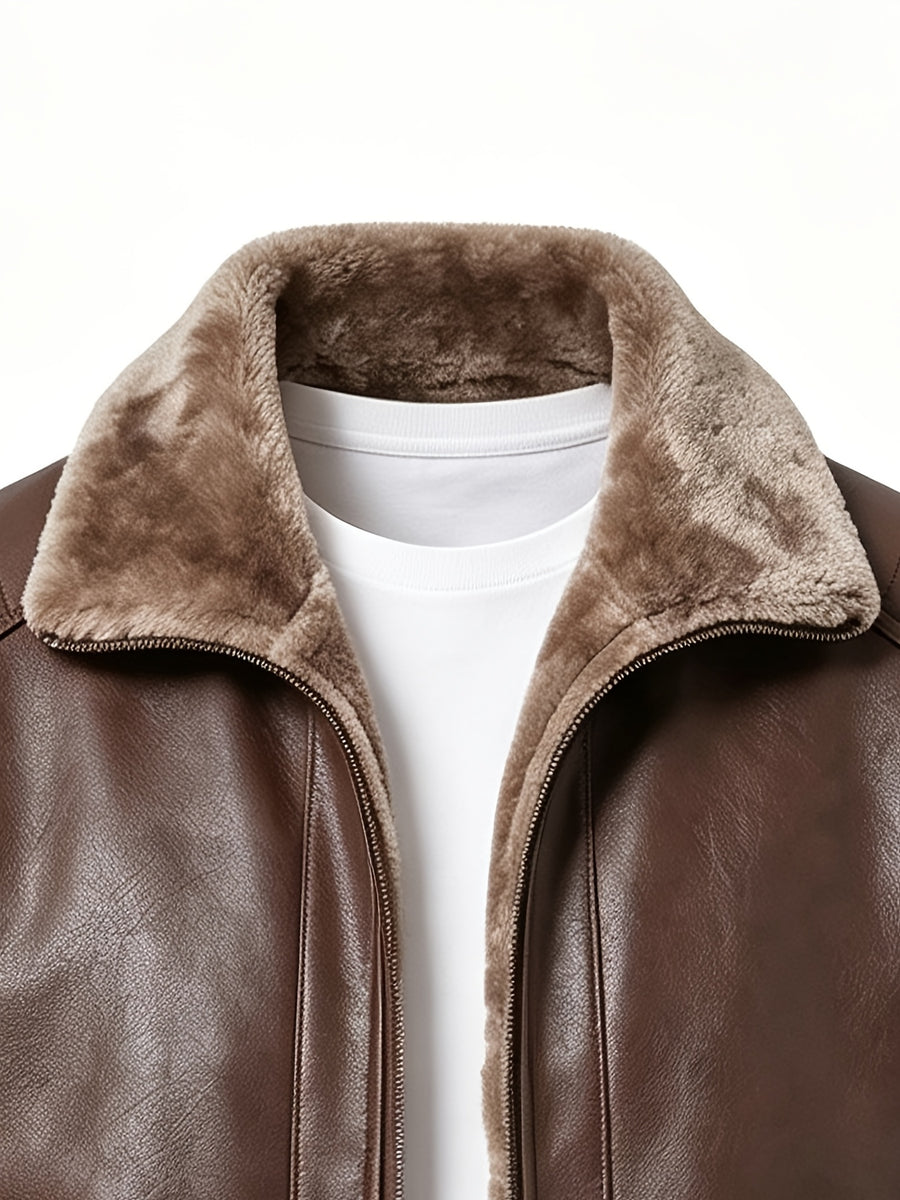 DIFFELEMENT 1pc Men'S Fleece-Lined Thickened Jacket Warm Windproof Cold-Resistant PU Scratch-Resistant Wrinkle-Resistant Plush Lining Ribbed Cuffs Stand-Up Collar Zippered Cardigan Regular Retro Biker Style Men'S Outerwear Autumn Winter Daily Casual - Dark Brown