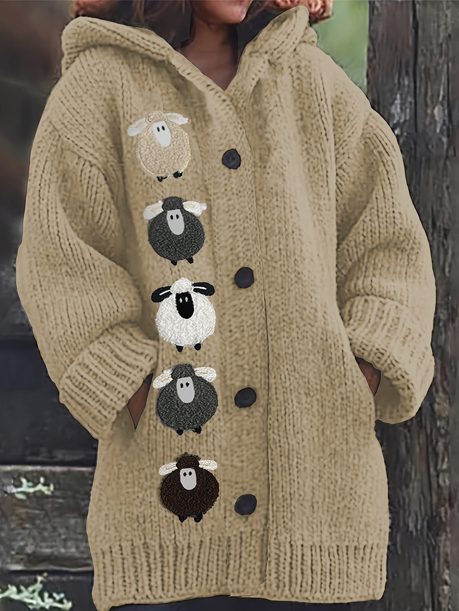 Winter Women's Elegant Hooded Oversized Outerwear Jacket, Multi-Color Little Lamb, Chunky, Soft, Thick, Beautiful, Stylish, Comfortable, Casual, Vintage, Commuting Cardigan, Gift - Khaki