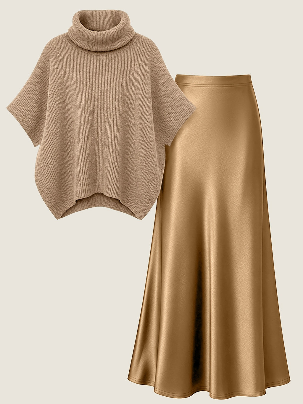 Autumn Winter Fashion Lazy Style Turtleneck Cloak Sweater And Premium Satin Fishtail Half Skirt, Temperament Elegant Commute Two-Piece Set - Khaki