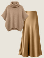 Autumn Winter Fashion Lazy Style Turtleneck Cloak Sweater And Premium Satin Fishtail Half Skirt, Temperament Elegant Commute Two-Piece Set - Khaki