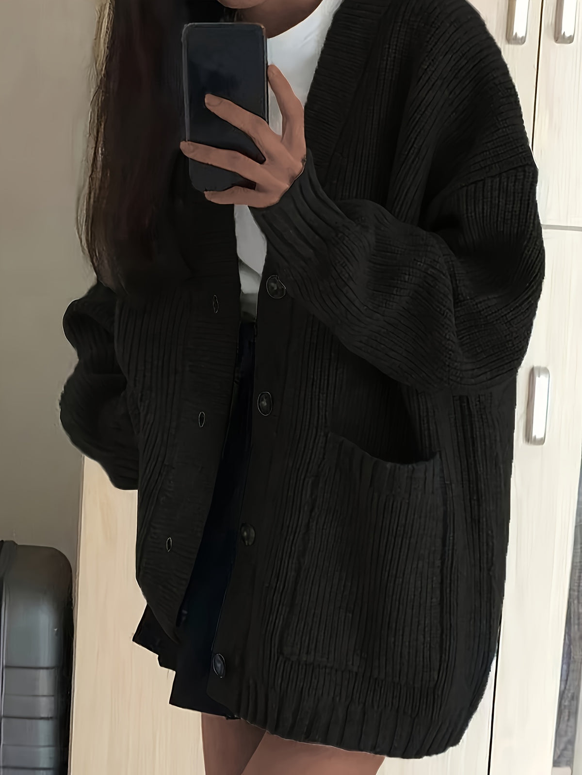 Casual V-Neck Single-Button Sweater Women'S Autumn Winter Cardigan - Black