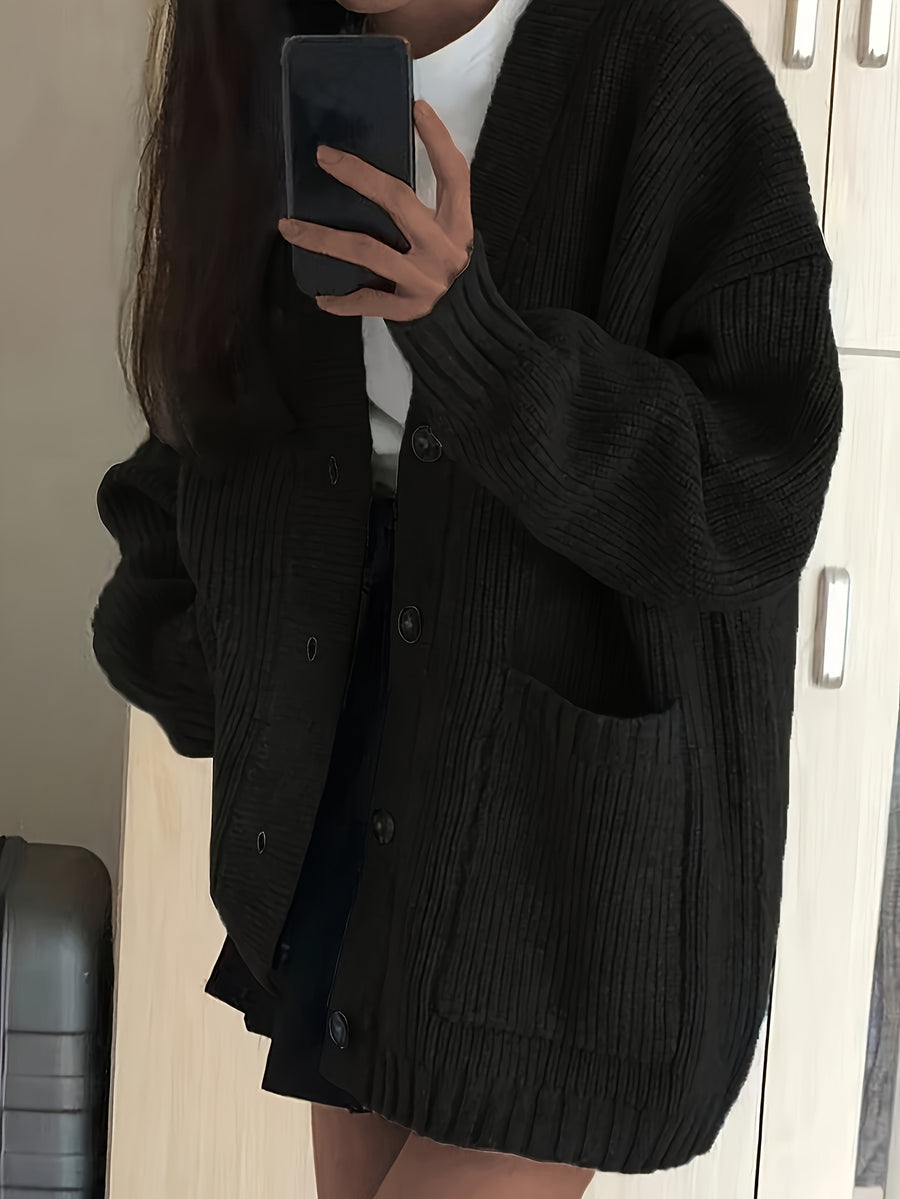 Casual V-Neck Single-Button Sweater Women'S Autumn Winter Cardigan - Black