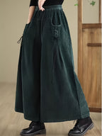 Corduroy Wide-Leg Pants with Elastic Corduroy Waist (Suitable for Body Types) - Solid Color Casual Trousers, Machine Washable,, Corduroy Pants for Casual Attire - Dark Green