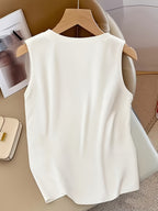 New Autumn/Winter Women's Sleeveless Tank Top with Exquisite Neckline Pendant Embellishment, Simple and Stylish Solid Color Slim-Fit Top, Elegant and Casual Versatile Cool and Breathable Base Layer (Necklace Not Included) - White