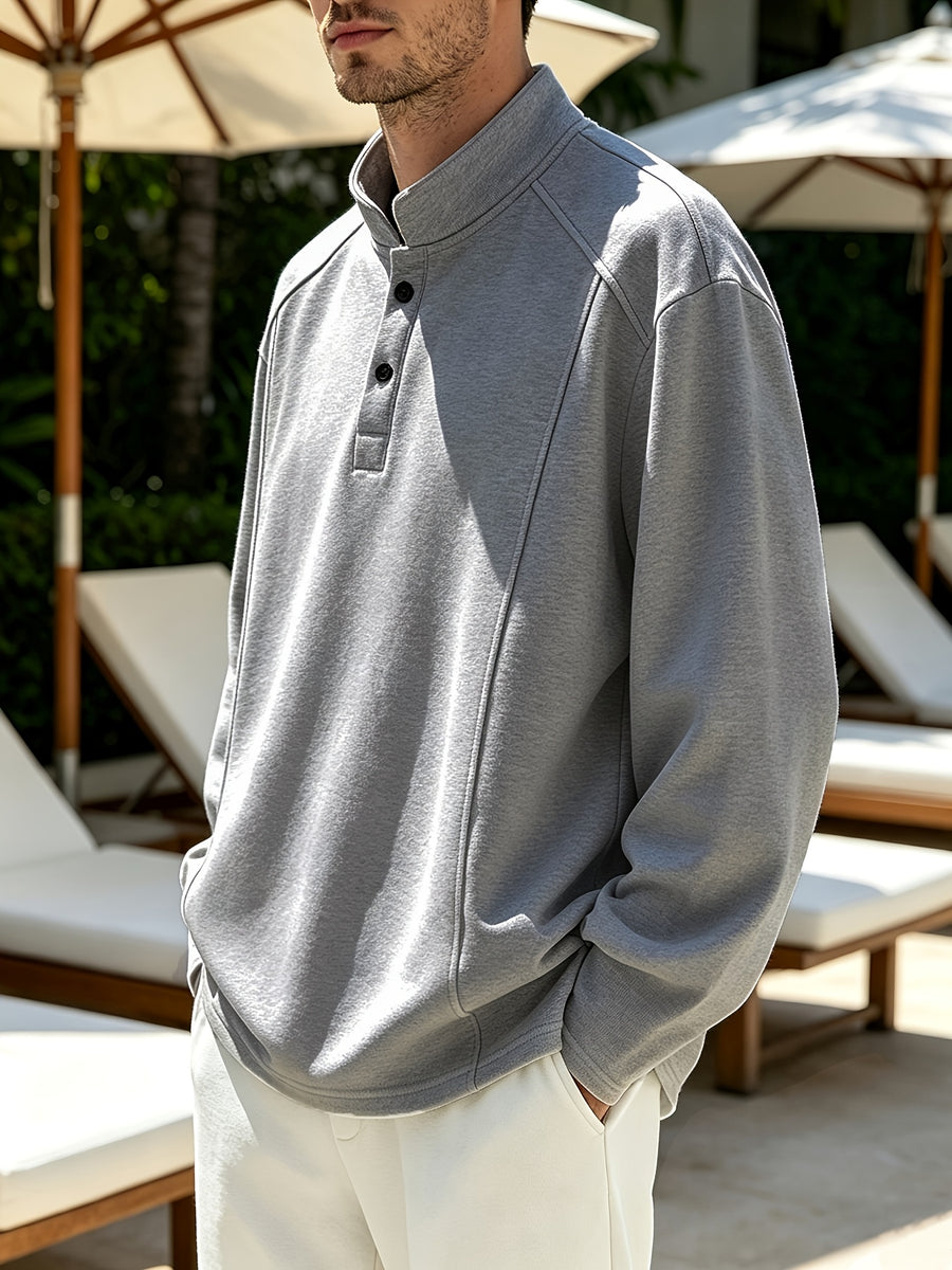 Spring/Autumn Henry Neck Long Sleeve T-Shirt, Loose Fit with Half-Open Placket Design, Versatile Commuter Base Layer, an Excellent Choice for Daily Work and Casual Vacations - Light Grey