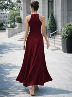 2026 New Women's Elegant Socialite Style Halter Neck High Slit Sleeveless A-Line Evening Gown, Wedding Bridesmaid Banquet Party Long Dress - Burgundy