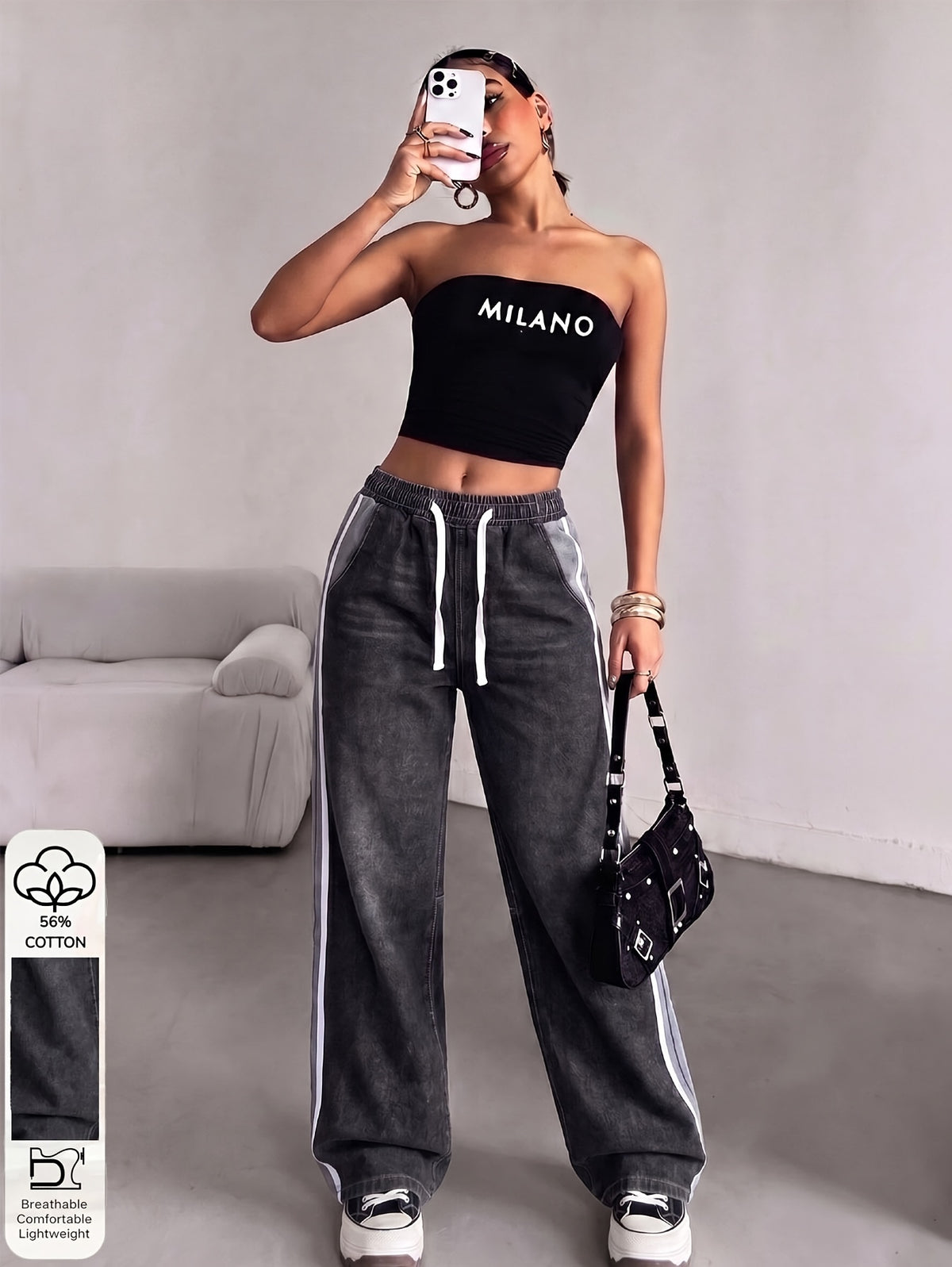 SOLORN Women's Casual Style Jeans with Elastic Waistband, Drawstring, Color-Block Patchwork Design, and Side Stripes - Black