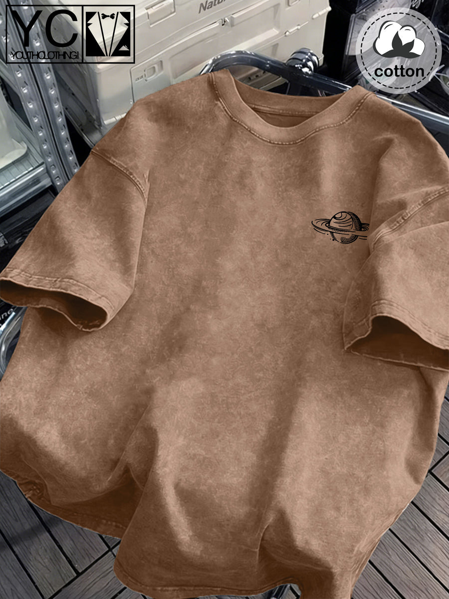 Men's Casual Cosmic Thinker Golden Starry Sky + Thinker Pattern Print T-Shirt, Distressed Washed Denim Vintage Style T-Shirt - Short Sleeve Washed Texture Style, Loose Fit Crew Neck Men's Top with Textured Effect (No Layering/Solid Color) - Coffee Color