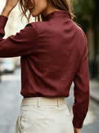 Long Sleeve Shirt for Women, Commute Blouse with Stand Collar - Burgundy