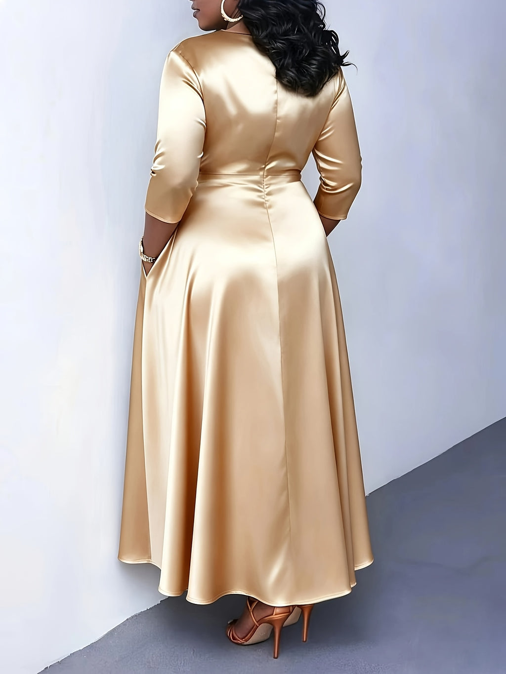 Western Fashion Temperament Solid Round Neck Tie-Up Three-Quarter Sleeve Dress - Apricot