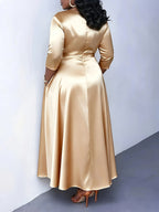 Western Fashion Temperament Solid Round Neck Tie-Up Three-Quarter Sleeve Dress - Apricot