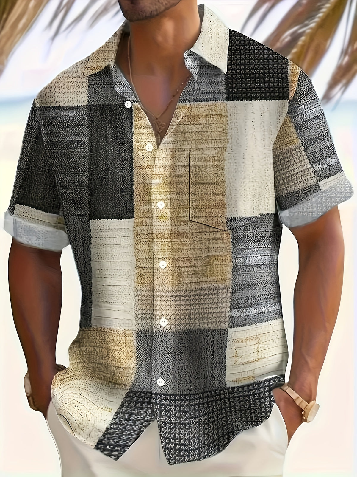 Men'S Vintage Geometric Pattern Short Sleeve Button Up Casual Shirt with Pocket, Fashion Top for Outdoor Activities Holiday As Gifts - Mixed colors
