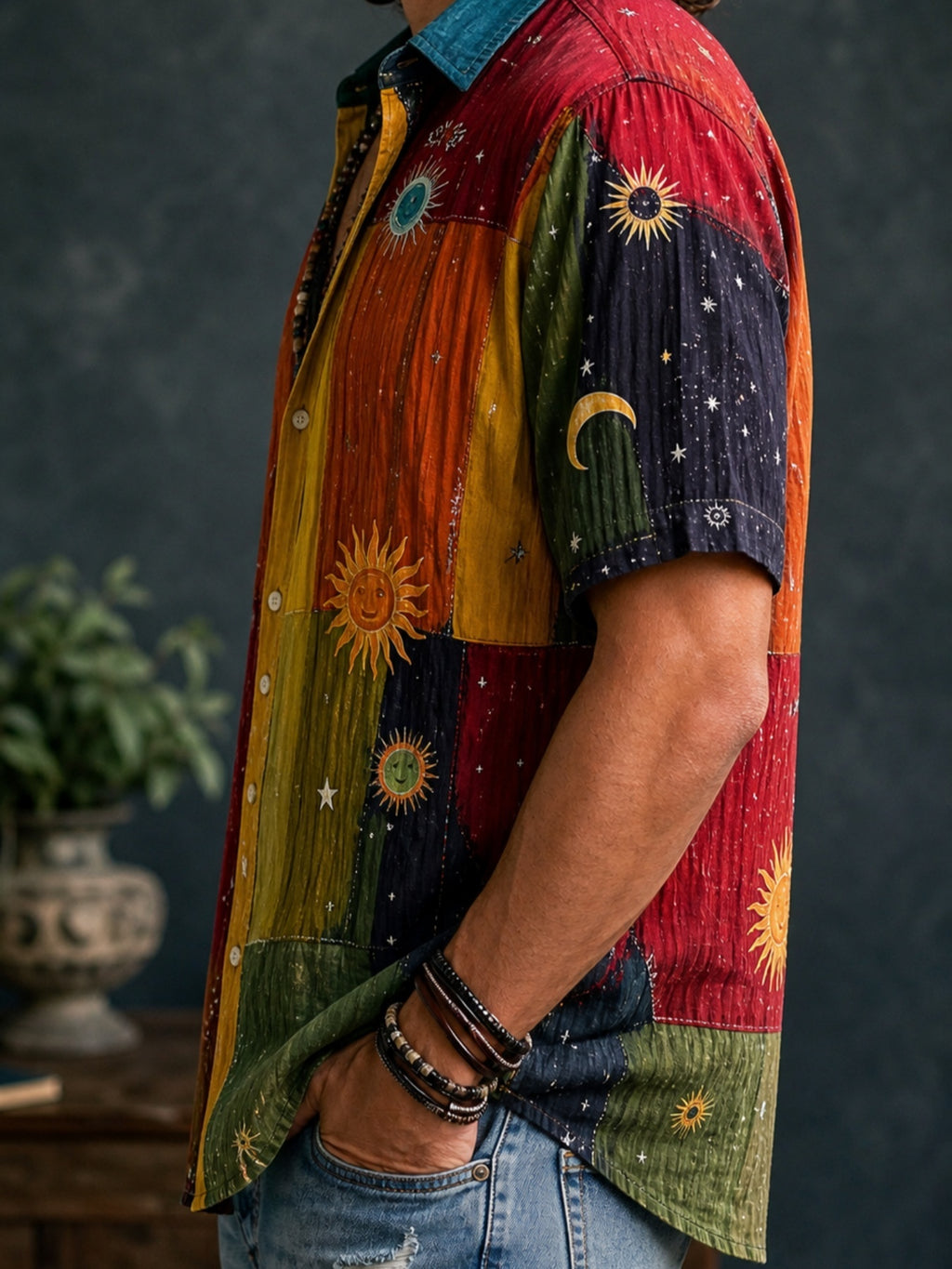 Western Men'S Lapel Short Sleeve Shirt, Multi-Color Plaid Patchwork, Sun Moon Stars Celestial Elements Bohemian Style Digital Print Full Print Top, Youth Fashion, Suitable for Daily Casual, Outdoor Activities, Sports, Vacation, Beach, Parties - Mixed colors