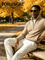 FORLENGKE Men'S Business Casual Stand Zip Cable Knit Cardigan, Soft Warm Long Sleeve Knitted Jacket for Fall Winter Office Daily Wear - Khaki