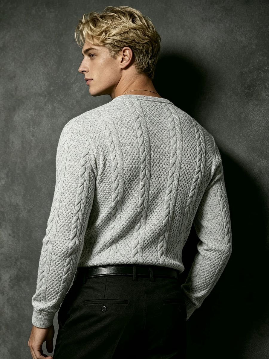 Autumn Men'S White Textured Henley Top, Half-Buttoned Jacquard Long Sleeve Knit Pullover, Korean Style Clean Fit for Men, Slight Stretch Regular Fit, Outdoor And Office Versatile Top - Light Grey