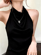 Women'S Backless Halter Neck High-Neck Vest, Elegant And Premium Fashion, Date And Party Wear; Fashionable Cami Top, Ideal for Summer, Suitable for Dates And Gatherings, Commuting, Casual Wear, Fashion, Multifunctional, Premium Look, Short Design - Black