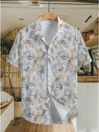 Hawaii Leaf Pattern Print Men'S Casual Shirt - Short-Sleeved Button Design, Bright Colors, Summer Outdoor And Casual Wear, Machine Washable - Multicolor