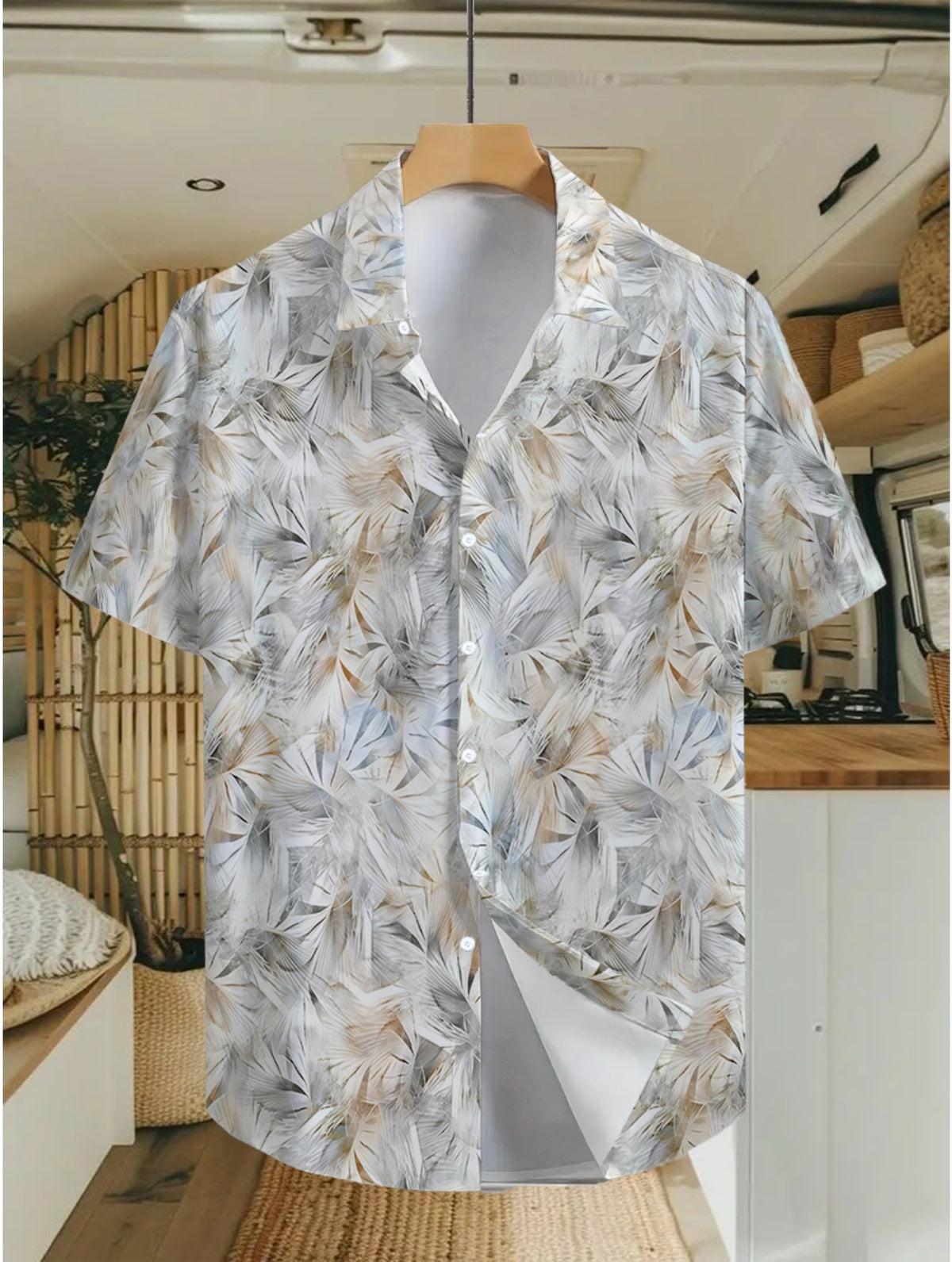 Hawaii Leaf Pattern Print Men'S Casual Shirt - Short-Sleeved Button Design, Bright Colors, Summer Outdoor And Casual Wear, Machine Washable - Multicolor