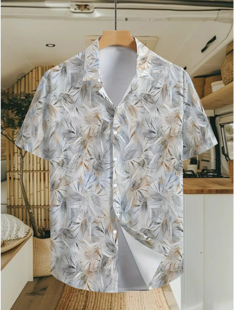 Hawaii Leaf Pattern Print Men'S Casual Shirt - Short-Sleeved Button Design, Bright Colors, Summer Outdoor And Casual Wear, Machine Washable - Multicolor