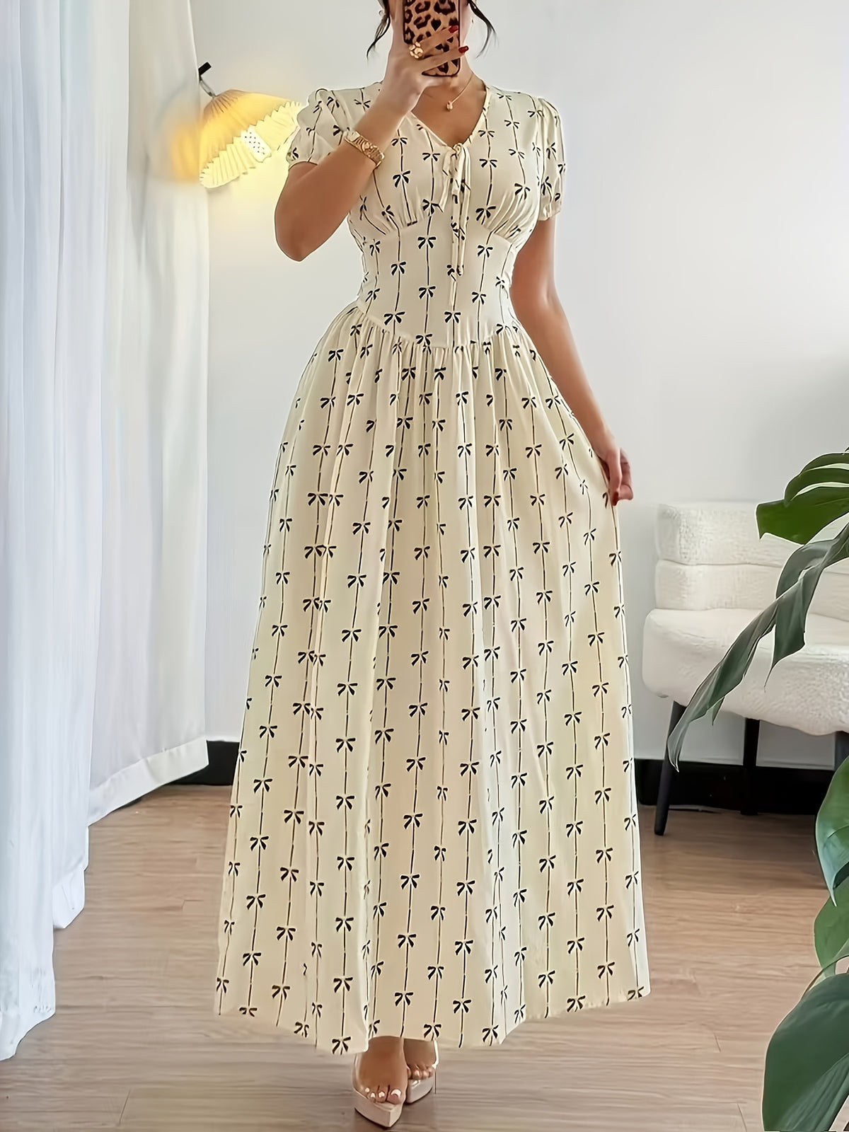 New Women'S Elegant Vacation Summer Floral Short Sleeve Lantern Sleeve Wrap Waist Dress Long Dress - 【Light Yellow】