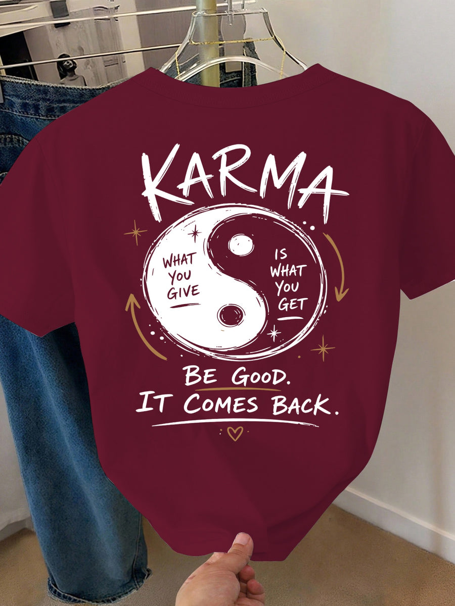 Yin Yang Cause and Effect Print Short Sleeve, Casual Women's Short Sleeve, Simple and Stylish Design, Versatile for Any Outfit, Suitable for Spring, Summer, and Autumn, Machine Washable, Comfortable Fit - Burgundy