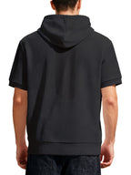 Men's Waffle Knit Short Sleeve Hoodie - Lightweight Breathable Pullover with Contrast Striped Kangaroo Pocket & Hooded Suitable for Spring Summer Fall Layering, Casual Streetwear Gift for, Husband, Boyfriend - Black