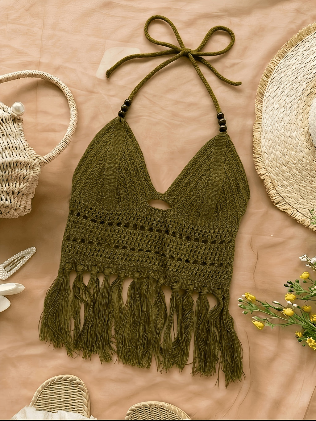 Spring Summer New Women'S Vacation Style Crochet Halter Top Solid Color Tassel Trim Hollow Out Beach Top, Bohemian Style, Date Outing, Valentine'S Day Gift, Music Festival Outfit, Mother'S Day, Beach Vacation [ASD1] - Olive