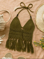 Spring Summer New Women'S Vacation Style Crochet Halter Top Solid Color Tassel Trim Hollow Out Beach Top, Bohemian Style, Date Outing, Valentine'S Day Gift, Music Festival Outfit, Mother'S Day, Beach Vacation [ASD1] - Olive